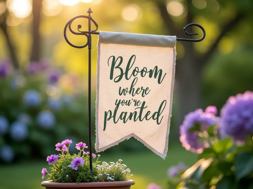 Rustic Summer Garden Flag with Inspiring Quote - A close-up shot of a handcrafted garden flag gently swaying in a late afternoon breeze, featuring the quote 'Bloom where you're planted' in elegant hand-lettered typography. The flag is made of natural linen fabric with weathered edges, painted in soft sage green and lavender text. It's photographed against a dreamy, bokeh-filled backdrop of a cottage garden with blooming hydrangeas and climbing roses. Golden hour sunlight filters through nearby trees, creating a warm, ethereal atmosphere. The flag is mounted on a decorative wrought iron stake nestled between vintage terra cotta pots filled with cascading purple petunias and white alyssum. Shot with shallow depth of field to emphasize the artisanal text work and natural fabric texture.