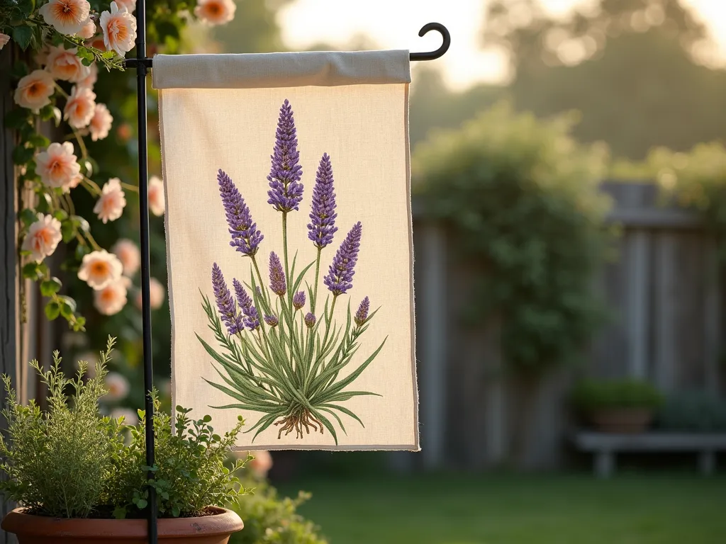 Vintage Botanical Garden Flag at Dawn - Close-up shot of an elegant garden flag hanging in a cottage garden setting at dawn, featuring a delicately transferred vintage botanical illustration of lavender and sage. The fabric is a natural cream linen with visible texture, where the botanical print shows intricate hand-painted details in soft watercolor touches. The flag gently waves in the morning breeze, backdropped by a rustic wooden fence covered in climbing roses and morning glory vines. Soft morning light filters through, creating a dreamy, ethereal atmosphere. A weathered terra cotta pot filled with fresh herbs sits nearby, echoing the botanical illustrations on the flag.