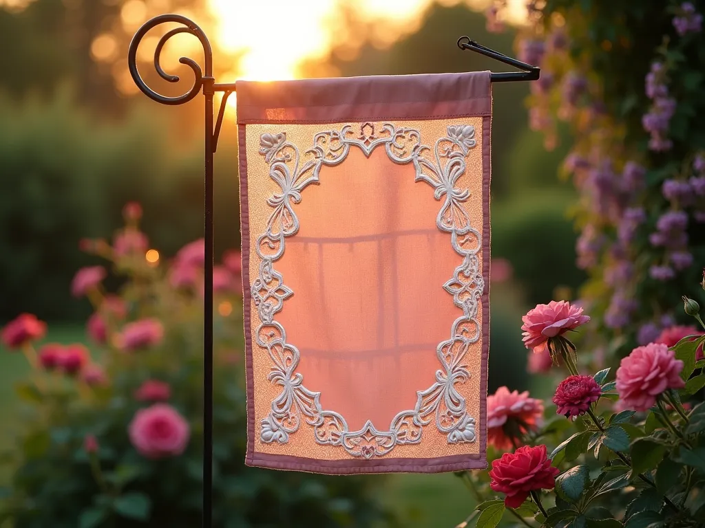 Vintage Lace Garden Flag at Sunset - A close-up shot of an elegant garden flag gently swaying in the evening breeze, featuring intricate white vintage lace overlay on a soft dusty rose fabric background. The flag is mounted on a decorative iron stake near a flourishing rose garden. Golden sunset light filters through the lace pattern, creating delicate shadows on the flag's surface. The background shows a blurred cottage garden with climbing roses and lavender. Shot with shallow depth of field highlighting the detailed lace pattern, with soft bokeh effects enhancing the romantic atmosphere. The weatherproofed fabric gives a subtle sheen, emphasizing the classic Victorian-inspired design.