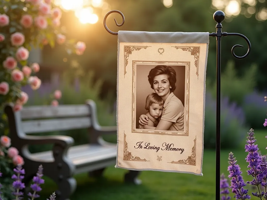 Vintage Family Photo Garden Flag at Golden Hour - A close-up shot of an elegant garden flag gently waving in the evening breeze, featuring a sepia-toned family photo transferred onto natural linen fabric. The flag is positioned in a serene cottage garden setting with soft, golden hour lighting filtering through lavender and roses in the background. Decorative vintage-style borders in cream and gold frame the photo, with delicate calligraphy text reading 'In Loving Memory' below. The flag is mounted on a decorative wrought iron stake, while a weathered wooden bench and climbing roses create depth in the background. Shot with shallow depth of field to create dreamy bokeh effect, highlighting the emotional resonance of the personal memorial.