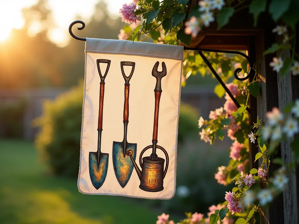 Whimsical Garden Tools Flag - Close-up shot of a handmade garden flag hanging in a lush garden setting at golden hour. The flag features artistically painted vintage garden tools in whimsical watercolor style on natural linen fabric. Metallic gold and copper accents highlight trowels, watering cans, and pruning shears designs. The flag gently waves in the breeze, casting dappled shadows on a rustic wooden tool shed backdrop adorned with climbing jasmine. Shot with shallow depth of field focusing on the detailed paintwork, with soft bokeh of blooming flowers in the background. Natural, warm lighting enhances the metallic details and creates a cozy, inviting atmosphere.