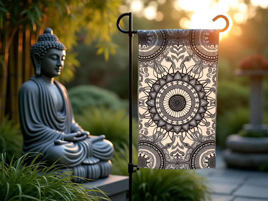 Zen Garden Flag with Intricate Zentangle Pattern - A close-up DSLR photograph of an elegant garden flag featuring mesmerizing black and white Zentangle patterns, gently swaying in a serene meditation garden setting during golden hour. The handcrafted flag displays intricate mandala-like designs, geometric patterns, and flowing lines that create a hypnotic visual effect. The flag is positioned near a weathered stone Buddha statue, surrounded by ornamental grasses and Japanese forest grass, with soft-focus bamboo in the background. Natural evening light filters through the foliage, creating a peaceful ambiance with gentle shadows dancing across the detailed patterns of the flag. Shot with shallow depth of field highlighting the intricate Zentangle artwork while maintaining context of the zen garden setting.