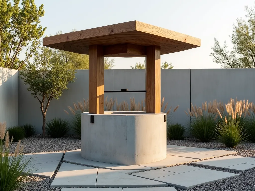 Contemporary Concrete Garden Well - A striking modern wishing well in a minimalist garden setting, featuring smooth cylindrical concrete base sections in light gray. Clean geometric wooden slats in natural cedar form an angular hexagonal roof with crisp lines. The well is set against a backdrop of ornamental grasses and crushed granite pathways. Soft afternoon lighting casts subtle shadows across the concrete surface, highlighting its sleek industrial aesthetic. Modern landscape lighting illuminates the base. Surrounded by structured rectangular concrete pavers and architectural plants.