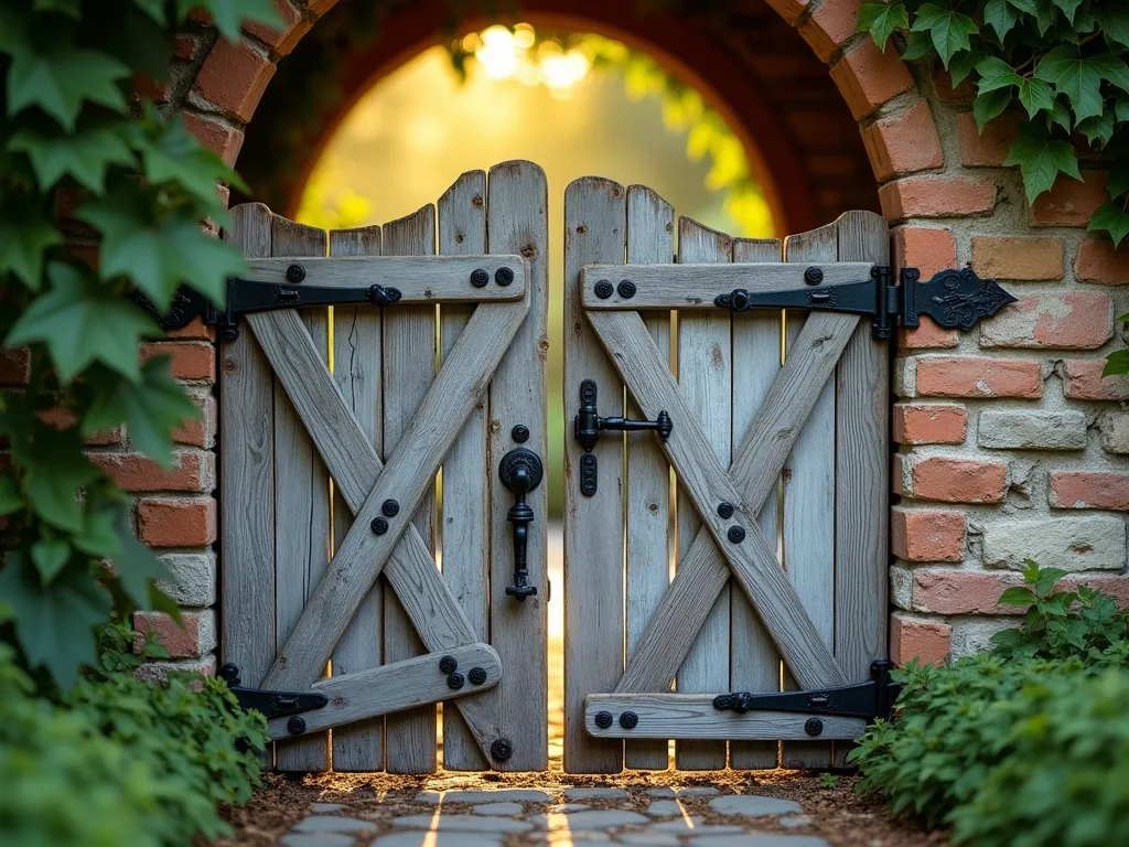 Rustic Barn Door Garden Gate - A charming weathered wooden garden gate styled like a miniature barn door, photographed from a slight angle. The gate features diagonal cross-bracing made from distressed gray wood planks and decorative black wrought iron hardware, including strap hinges and a classic sliding door handle. The gate is set within a natural stone or brick archway, partially covered with climbing vines. Golden evening sunlight casts warm shadows across the textured wood surface, while a peek through the slightly open gate reveals a lush garden path beyond. Photorealistic, highly detailed, rustic farmhouse style, professional photography, f/2.8, depth of field.