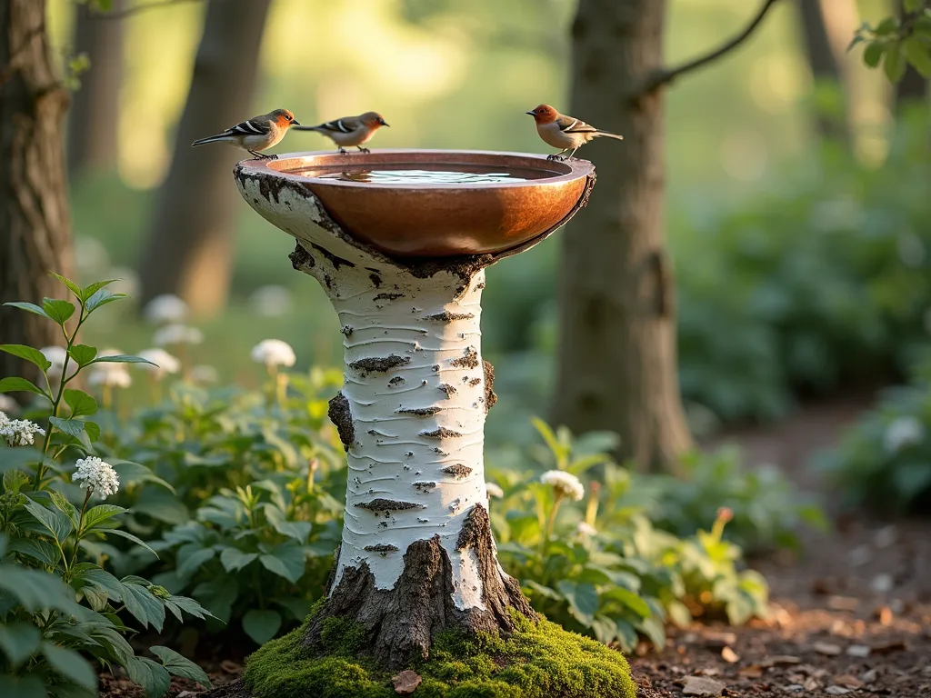 Rustic Birch Log Bird Bath - A serene garden scene featuring a tall white birch log bird bath with natural peeling bark, standing 3 feet tall. The hollowed-out top holds a shallow copper bowl filled with clear water. Small songbirds perch on the rim. Surrounded by natural woodland plants, dappled sunlight filters through trees, creating a magical atmosphere. Moss growing at the base adds to the organic, rustic feel. Photorealistic, soft morning light, shallow depth of field.