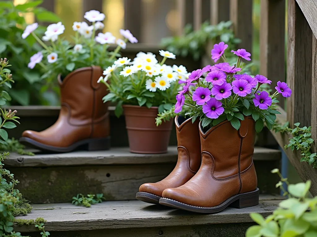 Weathered Leather Boots as Rustic Garden Planters - A charming rustic garden vignette featuring weathered brown leather cowboy boots repurposed as planters, arranged on vintage wooden stairs. The boots overflow with cascading purple petunias, white lobelia, and green ivy. Soft afternoon sunlight filters through, creating a warm, nostalgic atmosphere. The wooden steps have a distressed finish, with subtle moss details. Captured in a photorealistic style with shallow depth of field.