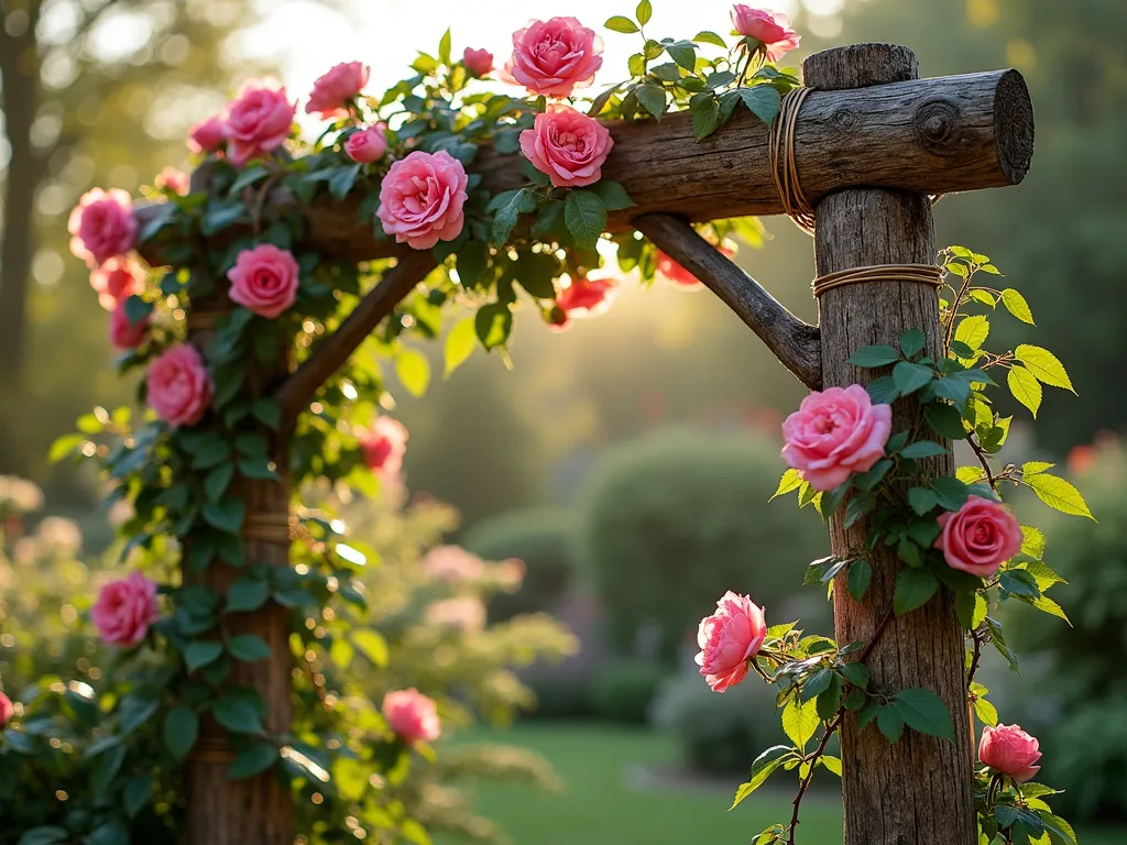 Natural Branch Garden Trellis with Climbing Roses - A beautifully crafted rustic garden trellis made from weathered natural branches, photographed in soft morning light. Thick vertical branches form the main structure, with smaller branches woven horizontally creating an organic lattice pattern. Natural twine bindings visible at intersection points. Pink climbing roses gracefully wind through the structure, with some blooms fully opened. Dappled sunlight filtering through leaves creates subtle shadows. Background shows a soft-focus cottage garden. Photorealistic, high detail, cinematic lighting, f/2.8, golden hour