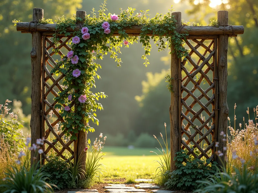 Rustic Branch-Woven Garden Screen with Climbing Vines - A beautifully crafted natural garden screen made from intricately woven branches and twigs between wooden posts, photographed in soft afternoon light. The wattle weaving pattern creates an artistic lattice effect with dappled sunlight filtering through. Several delicate climbing roses and morning glories gracefully wind their way up the structure, adding spots of color. The screen is set in a peaceful garden setting with natural stone pathways and wild grasses at its base. Photorealistic, high detail, warm earthen tones, rustic aesthetic, bokeh background.