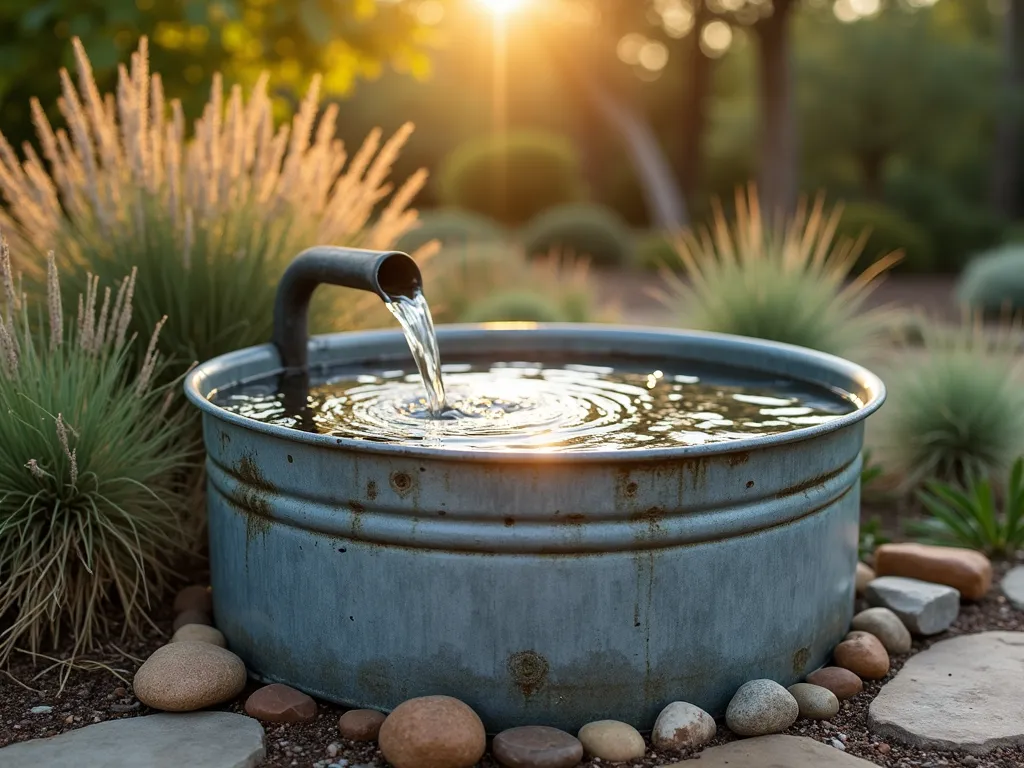 Rustic Galvanized Tub Garden Fountain - A weathered galvanized metal wash tub transformed into a serene water feature in a rustic garden setting, shot during golden hour. Crystal-clear water gently cascades over smooth river rocks of varying sizes and earth tones. Small jets of water create delicate ripples across the surface, catching late afternoon light. The tub shows authentic patina and aged character. Surrounded by natural stone pavers and drought-tolerant ornamental grasses. Soft bokeh effect in background with dappled sunlight filtering through trees. Photorealistic, high detail, peaceful countryside atmosphere.