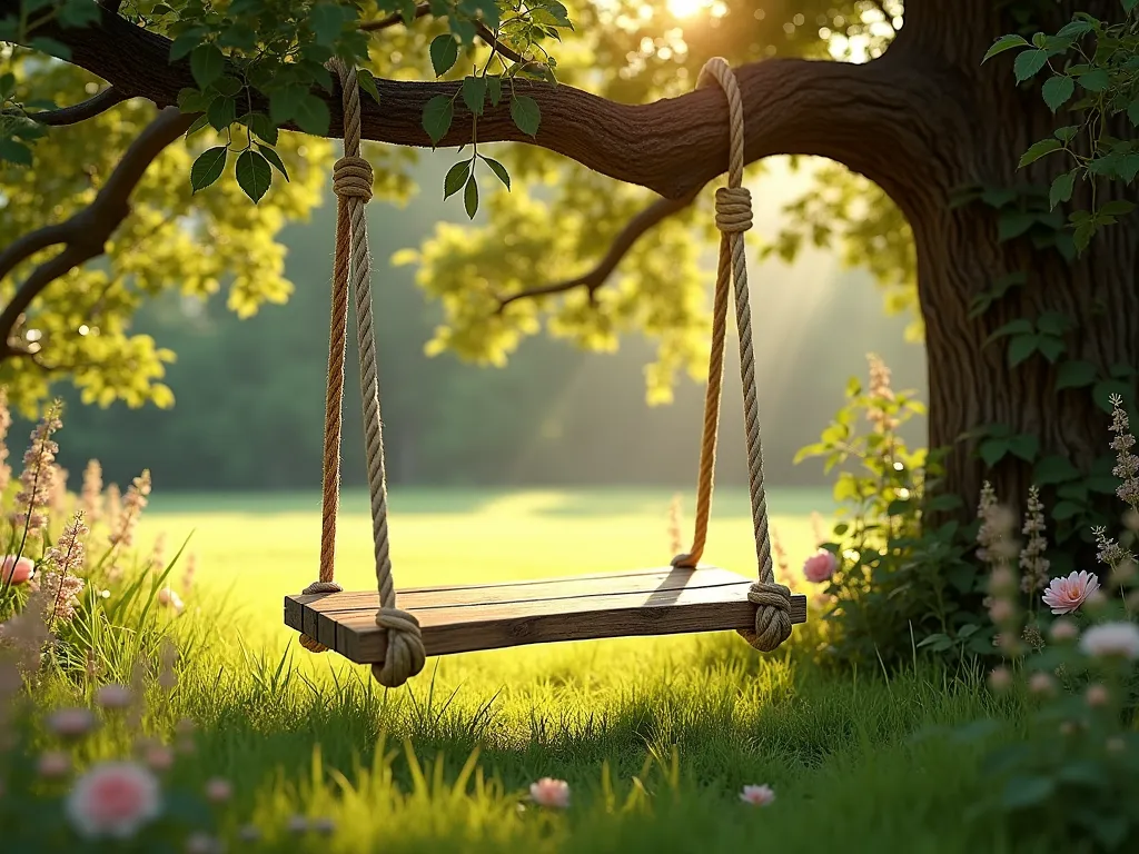 Rustic Garden Rope Swing - A charming garden scene featuring a handcrafted wooden swing made from a weathered oak plank and natural manila rope with decorative knots, hanging from a majestic old oak tree branch. Dappled sunlight filters through the tree canopy, casting gentle shadows on the lush green grass below. Wildflowers and climbing roses frame the scene, while afternoon golden light creates a dreamy, nostalgic atmosphere. The swing gently sways in the breeze, photographed from a slightly low angle to emphasize its inviting nature, photorealistic style.