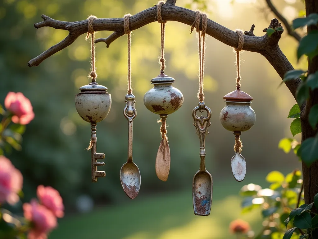 Enchanting Rustic Garden Wind Chimes - A whimsical garden scene with handcrafted wind chimes made of vintage silverware, copper keys, and weathered ceramic pots hanging from a twisted driftwood branch, suspended by natural jute rope. The chimes are captured in mid-movement against a soft-focus background of climbing roses and ivy. Dappled sunlight filters through nearby trees, creating a magical atmosphere with gentle bokeh effects. The composition shows intricate details of the tarnished metals and aged ceramics, with some elements catching the golden afternoon light. Photorealistic, shallow depth of field, cottagecore aesthetic.