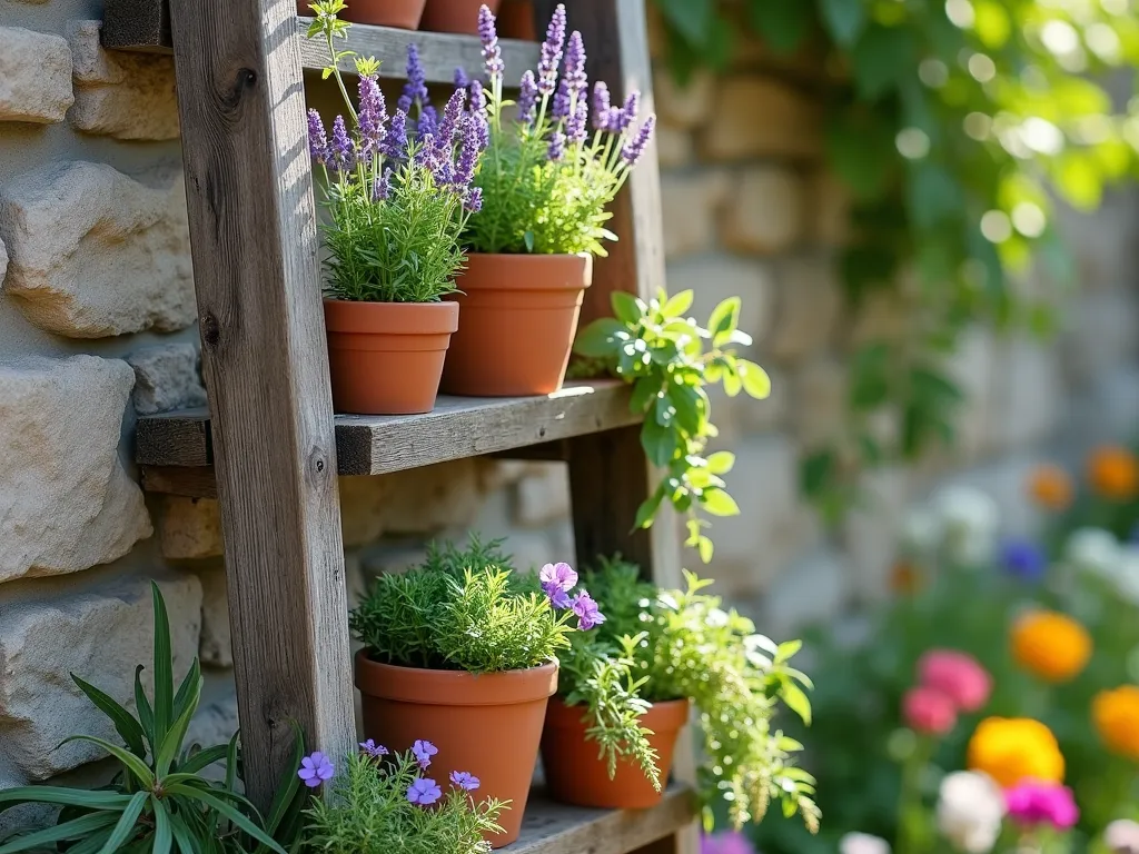 Rustic Ladder Garden Display - A weathered wooden ladder transformed into a vertical garden display, photographed in natural sunlight against a stone wall. The ladder features distressed wood planks creating shelves between its rungs, displaying an arrangement of terracotta pots with cascading herbs and purple lavender. Various levels showcase blooming sage, trailing rosemary, and colorful petunias. The afternoon sun casts gentle shadows through the plants, highlighting the ladder's rustic patina and natural wood grain. Soft bokeh effect in background.