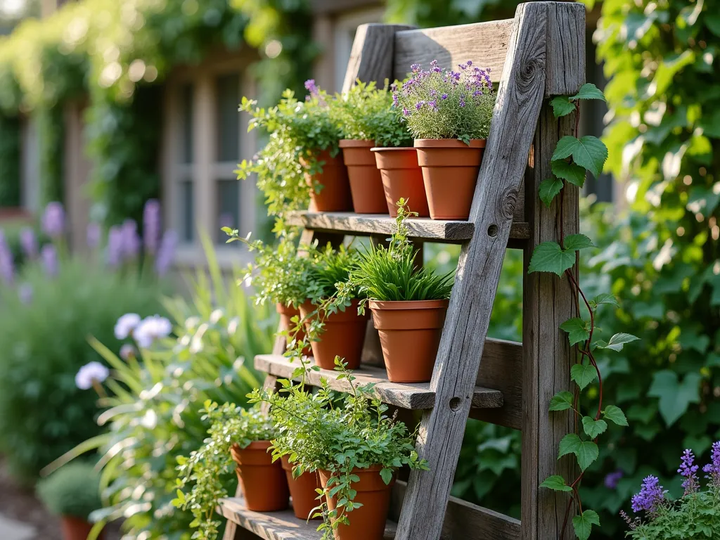 Rustic Ladder Plant Theater Display - A charming garden vignette featuring a weathered wooden ladder mounted horizontally between two rustic wooden posts, creating a multi-tiered plant display. The ladder rungs serve as shelves holding an array of terracotta pots with cascading plants and flowering perennials. Soft natural lighting filters through the foliage, casting gentle shadows. The weathered wood texture adds rustic character, while climbing vines delicately wrap around the posts. Background shows a blurred cottage garden setting with dappled sunlight.