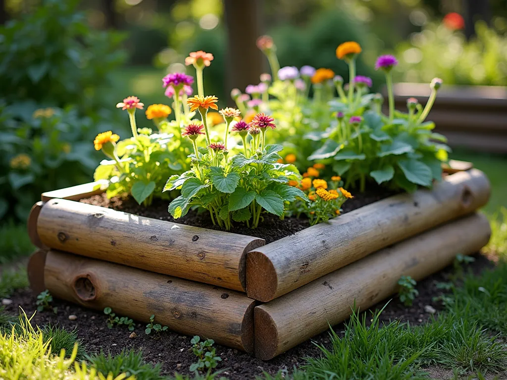 Rustic Log-Edged Garden Bed - A charming raised garden bed constructed from natural split logs stacked horizontally, weathered to a warm brown tone, creating a rectangular planting area. The bed is filled with rich, dark soil and overflowing with a mix of colorful cottage flowers and fresh vegetables. Sunlight filters through nearby trees, casting dappled shadows across the rustic wood texture. The natural bark edges are clearly visible, creating an organic, countryside aesthetic. Shot from a 3/4 angle to show depth and construction detail, with shallow depth of field focusing on the weathered wood grain.