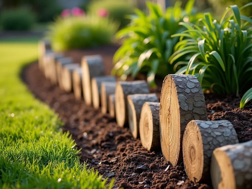 Rustic Log Slice Garden Border - A close-up garden photograph showing vertically placed natural wood log slices of varying heights (4-8 inches tall) partially buried along a curved garden bed border, creating a rustic edge. The log slices show natural wood grain patterns and weather-worn textures. Behind the border, lush perennial plants and dark brown mulch create depth, while soft evening sunlight casts gentle shadows across the scene. Shot from a low angle to emphasize the organic nature of the border design, with selective focus on the wood details.