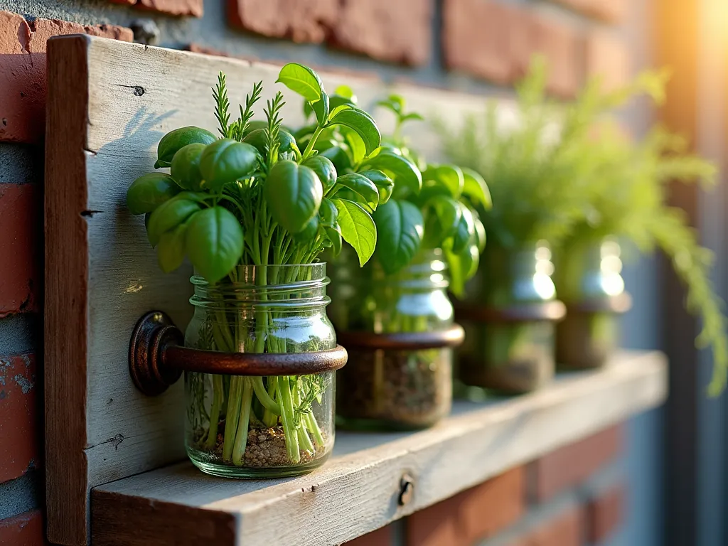 Rustic Mason Jar Vertical Herb Garden - A charming vertical herb garden on a weathered wooden board mounted on a rustic brick wall, featuring 6 vintage mason jars secured with antique bronze pipe clamps. The jars are filled with lush herbs including basil, thyme, and rosemary, their leaves cascading naturally. Soft afternoon sunlight streams through the glass jars, creating a warm ethereal glow and casting delicate shadows. The distressed wood shows natural grain patterns and a subtle gray-brown patina. Photorealistic, high detail, warm natural lighting, shallow depth of field.