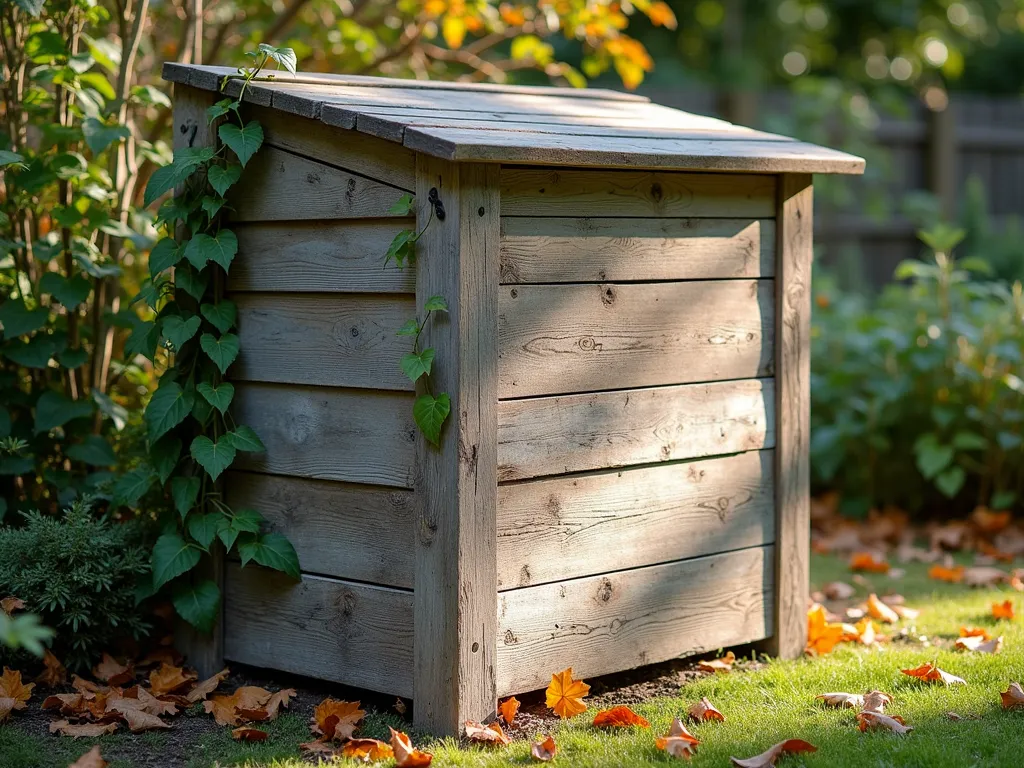 Rustic Pallet Wood Compost Bin in Garden Setting - A beautifully weathered wooden compost bin made from reclaimed pallet wood, photographed in soft afternoon light. The structure features artfully arranged horizontal boards with small gaps between them, creating an attractive pattern while allowing for airflow. The bin has a weathered gray-brown patina and a rustic hinged lid on top. Surrounded by natural garden elements including climbing vines on one corner, scattered autumn leaves around the base, and dappled sunlight filtering through nearby trees. The scene captures both functionality and rustic charm in a cottage garden setting.