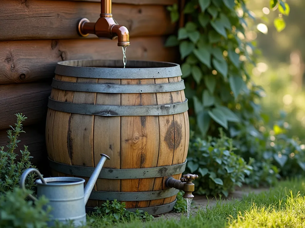 Rustic Rain Barrel with Cascading Garden - A weathered oak wine barrel repurposed as a rain collector, positioned beneath a copper downspout against a rustic wooden cabin wall. The barrel features an antique brass spigot at its base, with morning light catching water droplets. Surrounding the barrel are cascading plants including creeping thyme and trailing ivy. A vintage galvanized watering can rests nearby. Scene captured in warm morning light with a shallow depth of field, creating a cozy cottage garden atmosphere.