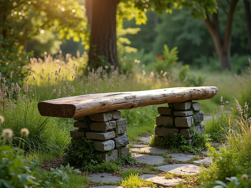 Natural Stone and Log Garden Bench - A serene garden scene featuring a rustic bench made from a smooth, weathered oak log resting on two carefully stacked natural stone pillars. The bench is positioned along a winding garden path, surrounded by wild grasses and native ferns. Dappled sunlight filters through overhead trees, creating a peaceful woodland atmosphere. The stone pillars are made from rough-cut granite blocks, artfully arranged in a stable formation. Moss and small flowering creepers softly embrace the base of the stone pillars, lending an established, natural appearance. The setting is photographed from a slight angle to showcase both the craftsmanship and the organic integration with the landscape, shot during golden hour for warm, enchanting lighting.