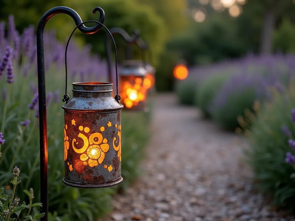 Rustic Tin Can Garden Lanterns at Twilight - A magical garden pathway at dusk, lined with handcrafted rustic tin can lanterns hanging from black wrought iron shepherd's hooks. The lanterns feature intricate punched patterns of stars, moons, and swirls, casting enchanting light patterns on a winding gravel path. Warm candlelight glows through the weathered, rust-patinated tin cans, creating a cozy, vintage atmosphere. Soft lavender and ornamental grasses line the path edges, swaying gently in the evening breeze. The scene is captured in a dreamy, atmospheric style with golden hour lighting and subtle bokeh effects.