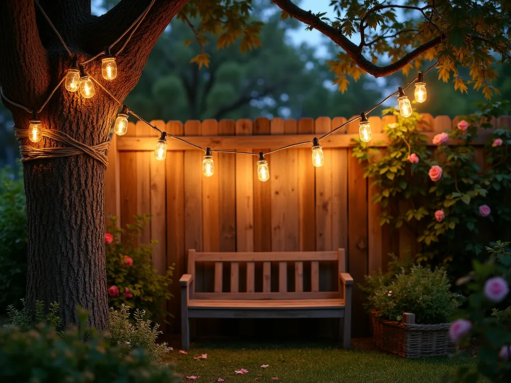 Rustic Twine-Wrapped Garden Lights at Dusk - A dreamy twilight garden scene featuring warm glowing string lights artfully wrapped in natural twine, woven through the branches of a weathered oak tree. The lights cast a soft, golden glow across a rustic wooden fence, creating magical light patterns on the surrounding garden. Small mason jars hang intermittently among the lights, enhancing the country charm. A vintage wooden bench sits beneath, with climbing roses in the background, all captured during the blue hour with a shallow depth of field.