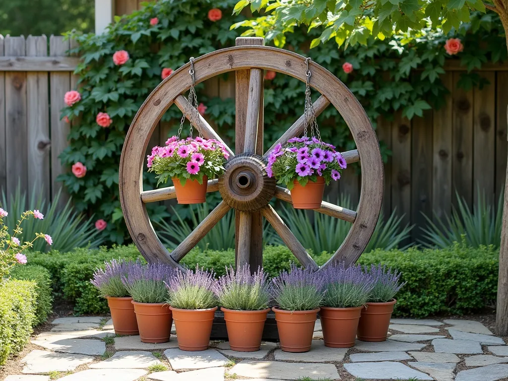 Rustic Wagon Wheel Garden Display - A charming rustic garden scene featuring an antique wooden wagon wheel mounted horizontally on two weathered wooden posts, standing 4 feet tall. The wheel hub serves as a central focal point, with vintage-style hanging baskets filled with cascading purple petunias and pink fuchsias suspended between the wooden spokes. Terra cotta pots containing lavender and Russian sage encircle the base of the wheel, creating a harmonious circular display. Soft afternoon sunlight filters through the wheel, casting intricate shadows on the natural stone path below. In the background, a weathered barn wood fence and climbing roses complete the rustic country garden atmosphere.