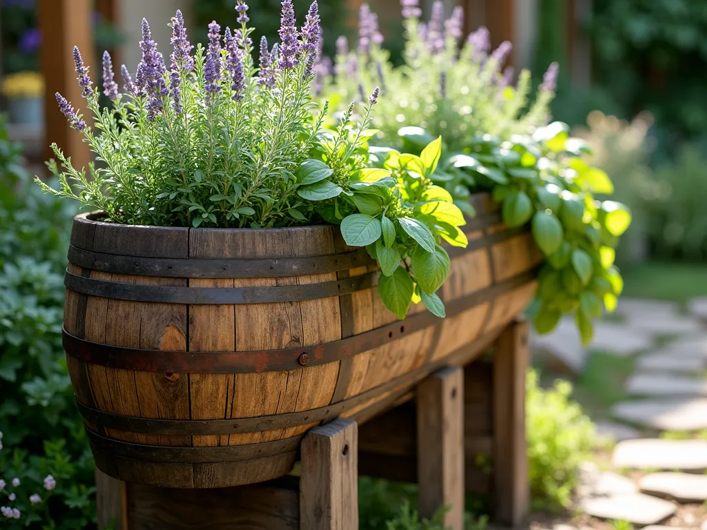 Rustic Wine Barrel Herb Garden - A beautifully weathered oak wine barrel split lengthwise and mounted horizontally on rustic wooden legs, functioning as an elevated planter. The barrel's authentic metal bands show subtle rust patina. Lush herbs cascade over the edges, including flowering lavender, trailing thyme, bushy sage, and fresh basil. Soft afternoon sunlight filters through the herbs, creating gentle shadows on the barrel's aged wood. The scene is set in a cottage garden with a natural stone path visible in the background. Photorealistic, high detail, warm earthy tones, depth of field, soft natural lighting.