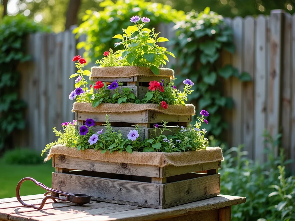 Rustic Wooden Crate Garden Pyramid - A charming pyramid arrangement of weathered wooden crates in a sun-drenched garden setting, creating a vertical garden display. The vintage crates are artfully stacked 3 tiers high, each lined with natural burlap fabric. Cascading purple petunias, red geraniums, and white alyssum spill over the edges, while herbs and compact vegetables fill the upper levels. Morning sunlight casts gentle shadows across the naturally distressed wood, highlighting its rustic texture. A few vintage gardening tools lean against the bottom crate, and climbing ivy begins to weave through the corners. Soft bokeh effect in background with weathered fence.