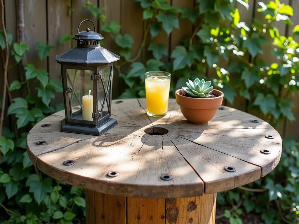 Rustic Wooden Spool Garden Table - A weathered wooden cable spool repurposed as a charming outdoor side table in a garden setting, lightly sanded with natural wood grain visible, topped with a vintage lantern, pottery succulent planter, and glass of lemonade. Dappled sunlight filters through nearby trees, casting gentle shadows across the table's surface. The table shows subtle industrial character with metal flanges, while maintaining a warm, rustic appearance. Background features soft-focus garden greenery and climbing vines.