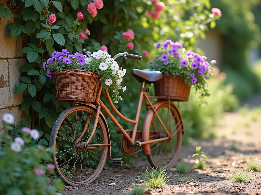 Vintage Bicycle Garden Display - A weathered vintage bicycle with rusty patina leaning against a rustic stone wall covered in climbing roses. The bicycle features overflowing woven wicker baskets on both handlebars and rear rack filled with cascading purple petunias, white daisies, and pink geraniums. Soft afternoon sunlight filters through nearby trees, creating a romantic country garden atmosphere. The ground is covered with natural mulch and scattered wildflowers. Vintage garden style photography, soft focus, detailed textures, dreamy lighting.