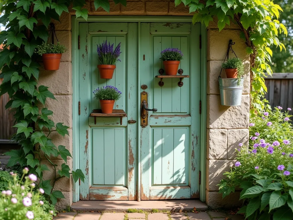 Vintage Door Garden Display - A weathered, antique wooden door with peeling mint-green paint stands against a rustic stone wall in a garden setting. The door features mounted vintage iron hooks and small wooden shelves displaying potted lavender, trailing ivy, and terracotta pots with blooming petunias. A climbing clematis vine gracefully winds up one side of the door frame, while vintage metal buckets holding fresh herbs hang from rustic hooks. Dappled sunlight filters through nearby trees, creating a romantic, cottage garden atmosphere. The scene is accented by natural moss growing on the door's edges and weathered brass hardware.