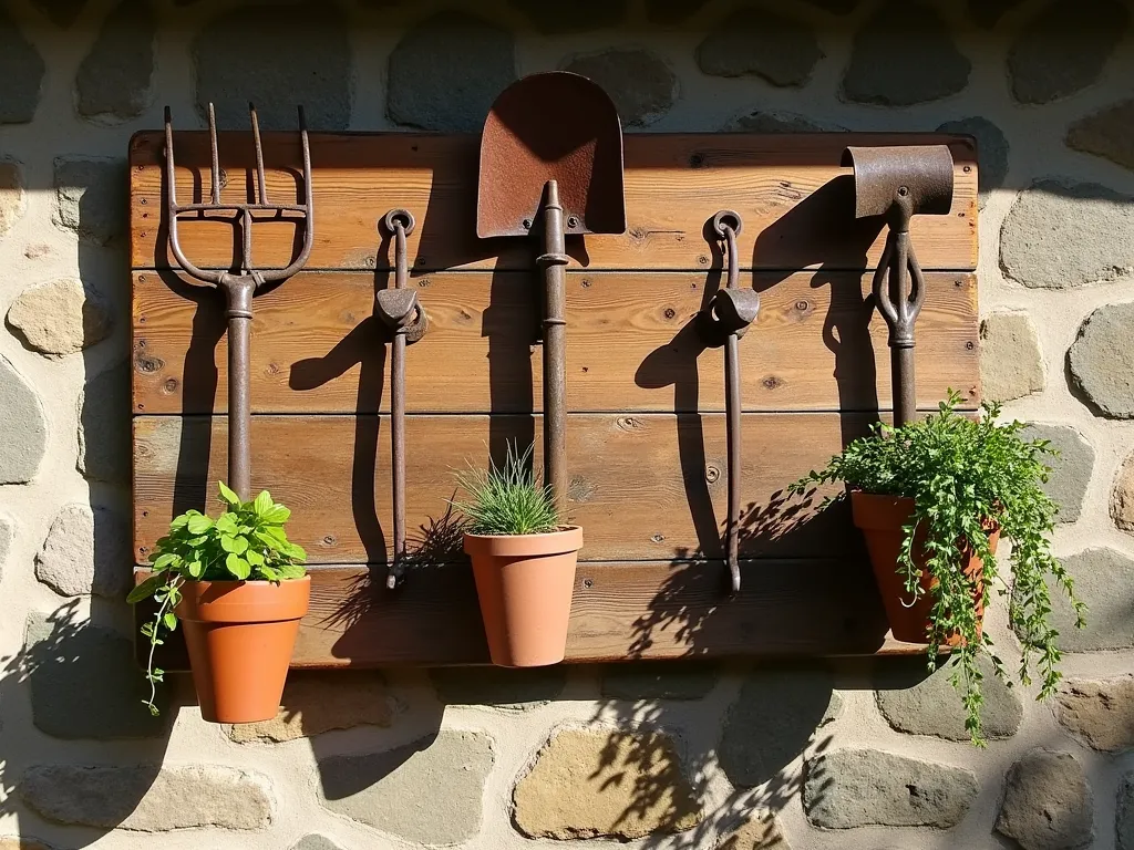 Vintage Farm Tool Garden Organization Wall - A weathered wooden barn board mounted on a rustic stone wall, featuring artfully arranged antique farm tools including a rust-patinated rake head, vintage pitchfork, and hand cultivator transformed into wall hooks. Several terracotta pots with trailing ivy and ferns hang from the tools, while garden implements are neatly stored on other hooks. Warm afternoon sunlight casts intricate shadows across the textured wood, highlighting the tools' aged patina. The composition creates a perfect blend of practical storage and nostalgic farmhouse decor.