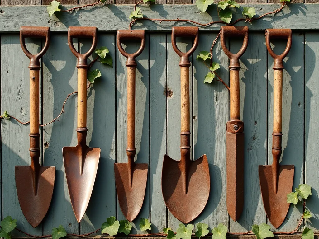 Vintage Garden Tool Wall Art Display - A rustic garden wall with artistically arranged vintage garden tools, featuring weathered wooden boards as a backdrop. An elegant composition of antique copper and iron hand tools, including a curved garden spade, two wooden-handled hoes, and several rusty hand trowels, creating a visually striking pattern. Delicate tendrils of climbing ivy weave between the tools, adding organic elements. Natural sunlight casts interesting shadows across the weathered wood, highlighting the patina of the aged metal tools. Photorealistic, artistic arrangement, rustic farmhouse style.