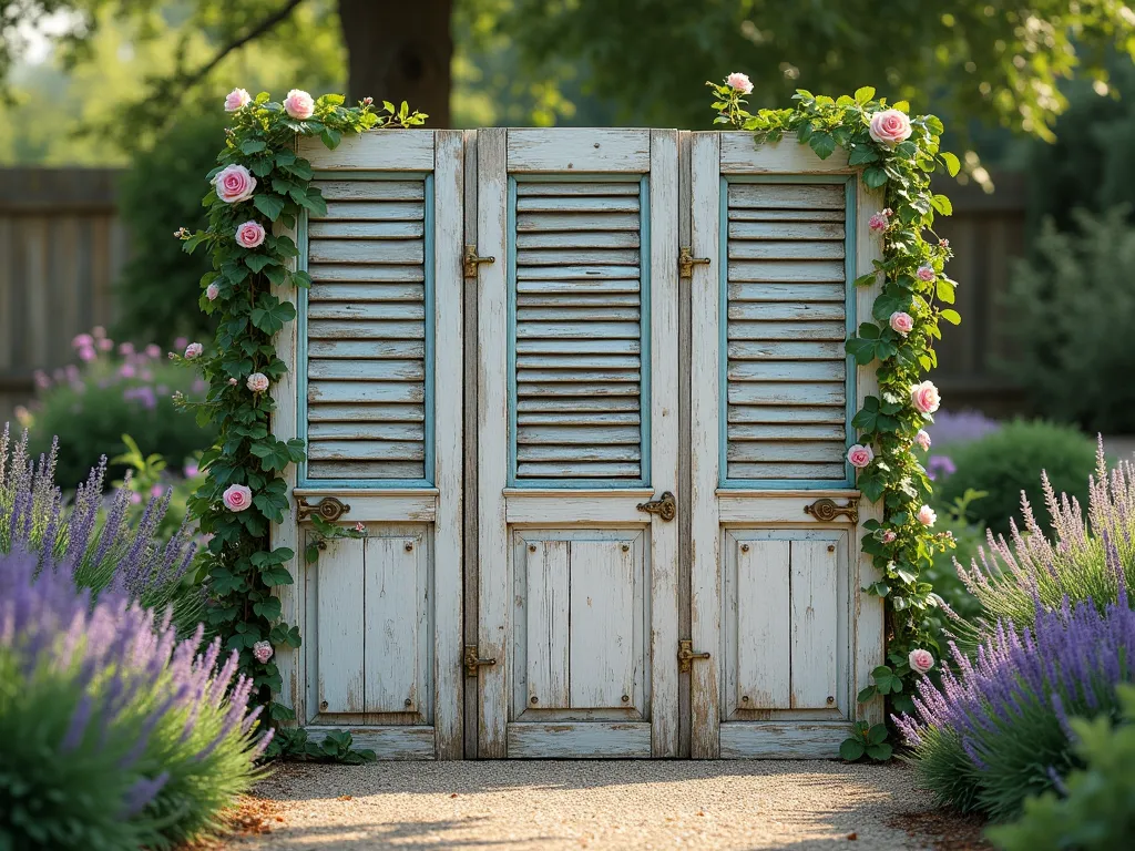 Rustic Shutter Privacy Screen with Climbing Vines - A charming garden vignette featuring three weathered wooden shutters connected by vintage-style brass hinges, arranged in a zigzag pattern to create a freestanding privacy screen. The shutters maintain their original distressed pale blue and white paint, with ivy and climbing roses gracefully winding up the slats. Soft afternoon sunlight filters through the shutters, casting romantic shadows on a rustic gravel path below. In the background, lavender and cottage garden flowers add depth and color to the scene. Photorealistic, vintage aesthetic, high detail, soft natural lighting.