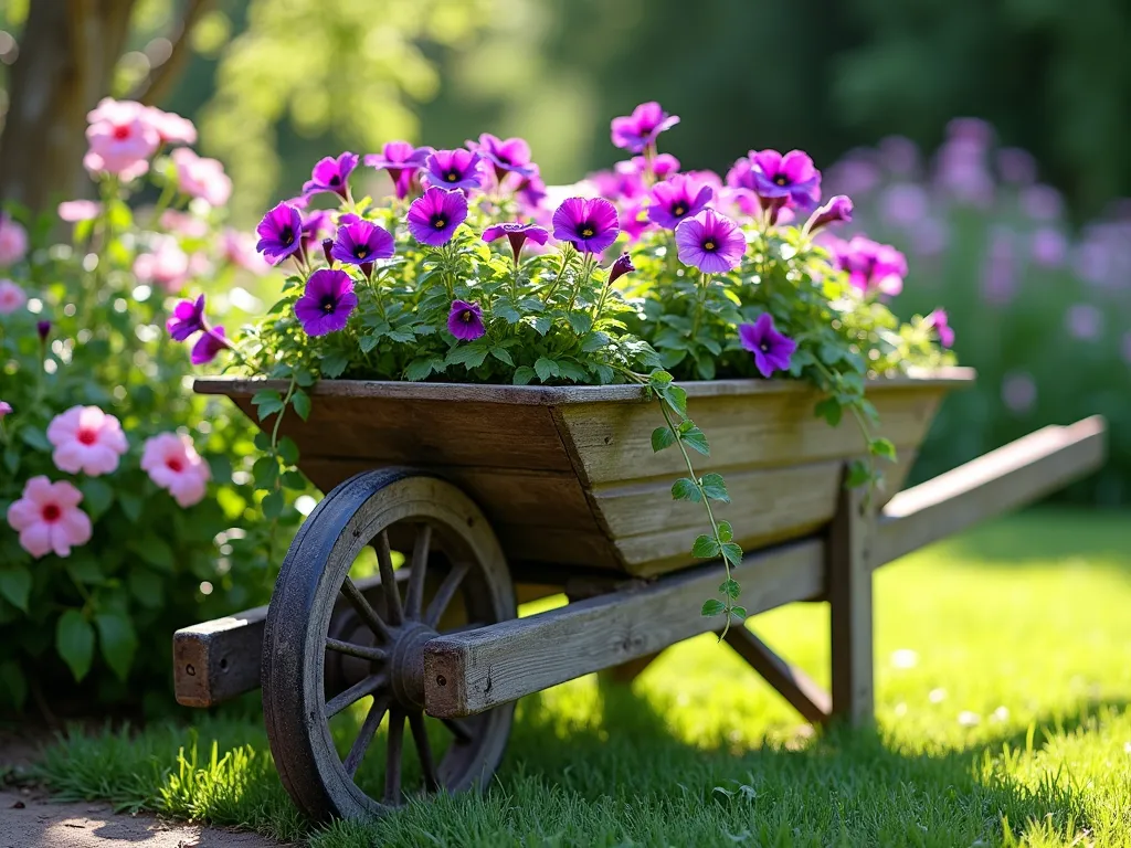 Rustic Wheelbarrow Garden Display - A weathered wooden wheelbarrow planter in a sun-dappled garden setting, overflowing with vibrant purple and pink petunias and cascading English ivy. The vintage wheelbarrow features rustic details with aged wood patina and antique metal wheels, positioned against a soft-focus backdrop of cottage garden flowers. Natural morning light casting gentle shadows, highlighting the romantic farmhouse aesthetic, photorealistic style, high detail, 4k quality.