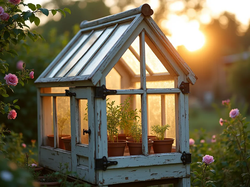 Rustic Window Frame Greenhouse - A charming DIY greenhouse made from salvaged vintage window frames, photographed during golden hour. The structure features weathered white-painted frames connected with black iron hinges, forming a classic house shape with a peaked roof. Inside, young seedlings and delicate herbs grow in terracotta pots on wooden shelves. Soft sunlight streams through the antique glass panes, creating a dreamy atmosphere. The greenhouse is surrounded by cottage garden flowers and climbing roses, with some morning dew still visible on the glass. The overall scene has a romantic, vintage aesthetic with a shallow depth of field focusing on the greenhouse structure.