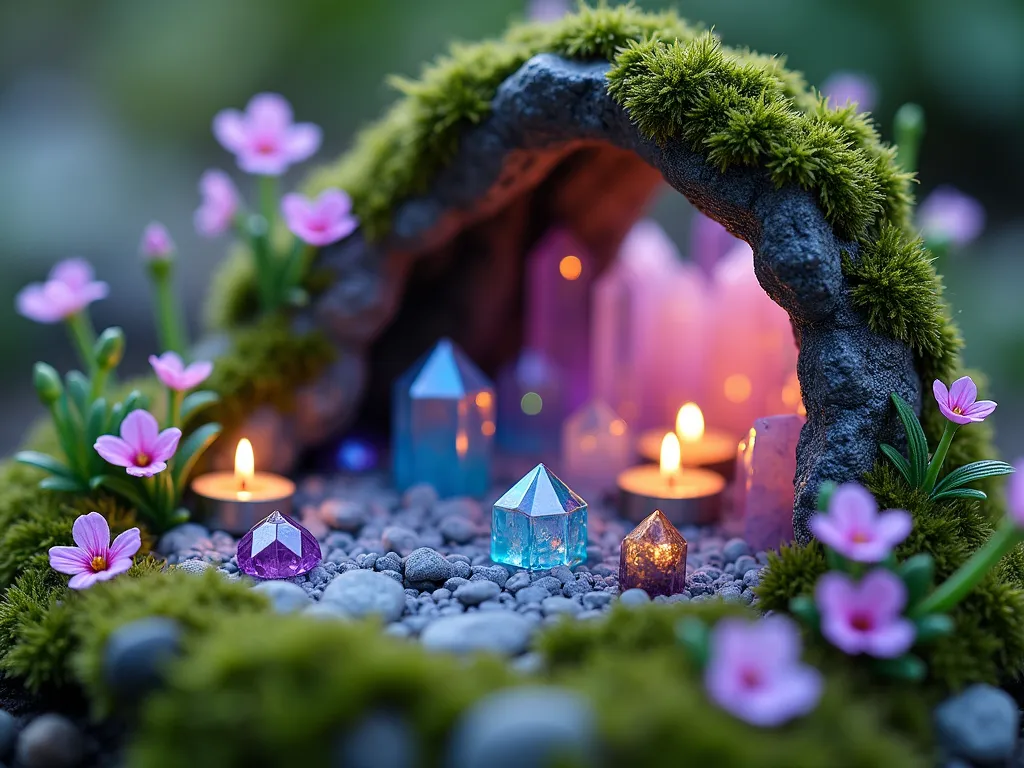 Enchanted Crystal Cave Fairy Garden - A magical miniature fairy garden scene featuring a whimsical crystal cave made from iridescent plastic gems in purple, blue, and clear tones. The cave entrance is adorned with delicate green moss and tiny pink and purple wildflowers. Warm LED tea lights illuminate the crystals from within, creating a ethereal glow that reflects off the gem surfaces. The cave is set inside a small mossy grotto with a decorated archway entrance, photorealistic, studio lighting, magical atmosphere, highly detailed