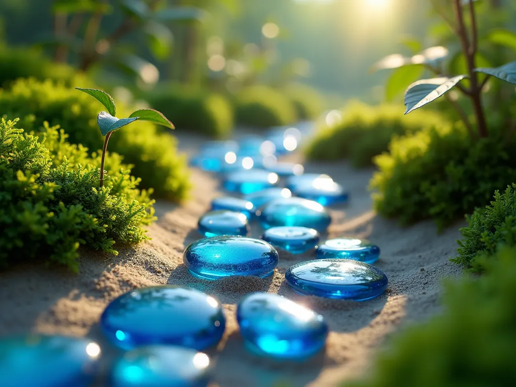 Enchanted Glass Path with Moss - A close-up, magical fairy garden pathway made of iridescent blue and clear flat glass marbles arranged in a winding pattern, nestled in fine sand. Lush, vibrant green moss grows between the glass stones, creating a mystical woodland effect. Soft, ethereal lighting filters through tiny leaves above, casting delicate shadows on the crystalline path. Photorealistic, high detail, magic hour lighting, shallow depth of field.