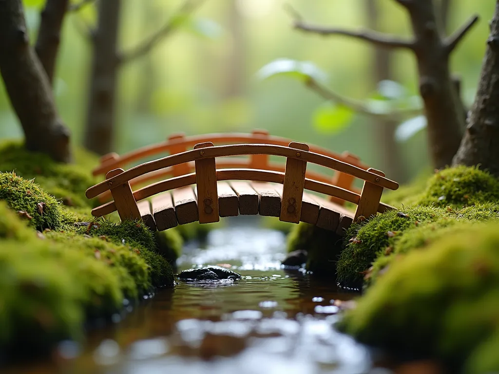 Enchanted Popsicle Stick Fairy Bridge - A whimsical, handcrafted miniature bridge made from tiny wooden popsicle sticks, arranged in a gentle arch over a mystical stream. The bridge features delicate wooden railings and is stained in warm brown tones. Rich green moss drapes naturally along the edges and base of the bridge, creating a magical woodland atmosphere. Soft, ethereal lighting filters through tiny trees, casting dappled shadows on the bridge. Macro photography perspective, depth of field focusing on intricate bridge details, photorealistic style with fairy tale elements.