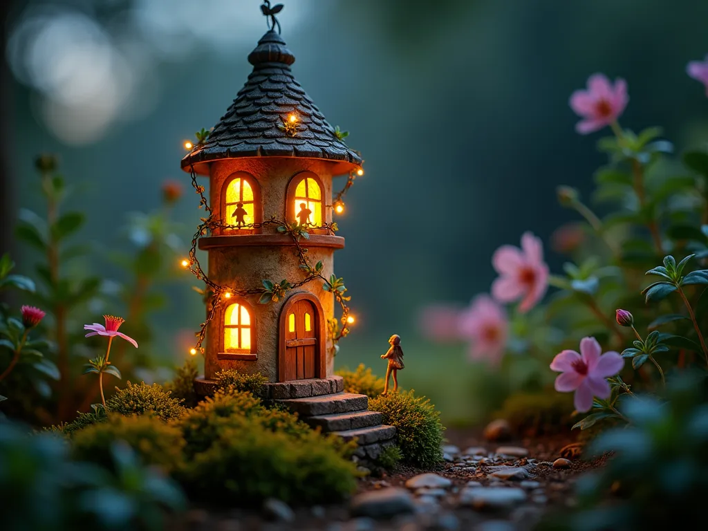 Enchanted Solar Light Fairy Tower - A magical nighttime garden scene featuring a handcrafted fairy tower made from a solar light, delicately wrapped in twisting vine garlands and tiny glowing windows cut from gold-trimmed cardstock. The tower emits a warm, ethereal glow that casts intricate shadows on the surrounding miniature garden. The scene is captured from a low angle, making the tower appear majestic against a dreamy twilight background with soft bokeh effects. Small fairy silhouettes can be seen through the illuminated windows, while delicate moss and tiny wildflowers grow around the base of the tower. Photorealistic, magical atmosphere, cinematic lighting.