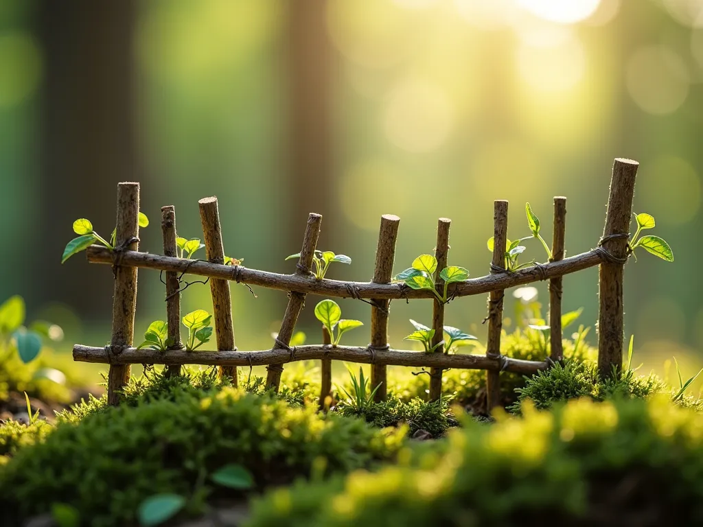 Enchanted Twig Fairy Garden Fence - A whimsical miniature garden fence made of delicate crossed twigs, bathed in soft natural sunlight filtering through trees. The rustic fence stands about 3 inches tall, with tiny green moss growing at its base and delicate climbing vines wrapping around the twigs. The fence has a handcrafted, natural appearance with small branches carefully arranged in a traditional cross-hatch pattern, creating a cozy boundary in a fairy garden setting. Depth of field photography style with a dreamy, ethereal quality, showcasing intricate details of bark texture and tiny leaves. Soft bokeh effect in background suggests a magical forest setting.