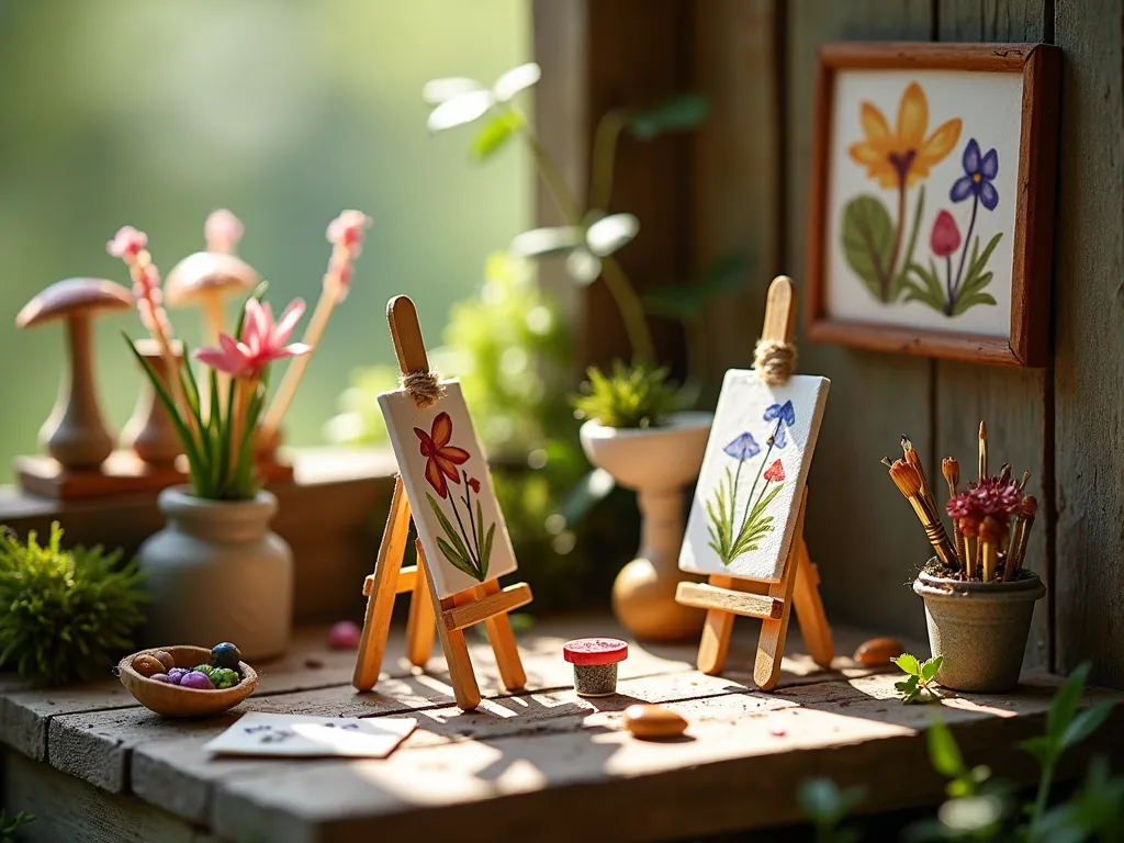 Whimsical Fairy Art Studio - A charming miniature fairy art studio set inside a weathered wooden box, with soft dappled sunlight streaming in. Tiny handmade easels crafted from honey-colored popsicle sticks display miniature watercolor paintings of flowers and mushrooms. A diminutive wooden table holds perfectly arranged microscopic art supplies: thimble-sized paint pots, twine-bound brushes, and a palette made from a bottle cap. Scattered around are teensy rolled canvas scrolls and paper scraps with fairy-sized sketches. The scene is decorated with moss accents, small crystals, and a dusting of iridescent glitter to suggest fairy magic. The lighting is warm and ethereal, creating a cozy artistic atmosphere.