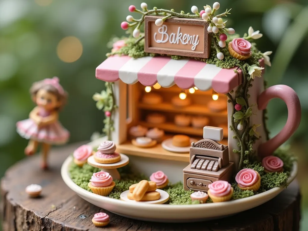 Enchanted Fairy Bakery Garden Display - A magical miniature fairy bakery scene in soft pastel colors, set in a vintage teacup planter. The tiny storefront features delicate clay pastries displayed in crystal-clear miniature cases, with a ornate wooden counter and vintage cash register. Tiny fairy-sized cupcakes, cookies, and bread loaves are artfully arranged on diminutive cake stands. The scene is adorned with miniature roses and moss, with subtle sparkles and warm lighting creating a cozy, whimsical atmosphere. A small 'Fairy Bakery' sign hangs above, decorated with vines and tiny flowers. Photorealistic, detailed, magical atmosphere, soft focus background, studio lighting.