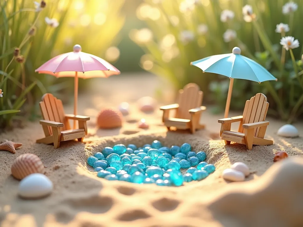 Whimsical Fairy Beach Garden Scene - A charming miniature fairy beach garden scene photographed from a low angle, featuring soft golden sand, tiny handcrafted wooden beach chairs made from popsicle sticks, delicate paper umbrellas in pastel colors, and scattered seashells. A small circular pool made of shimmering blue glass gems creates a magical water feature. The scene is backlit by soft, warm sunlight creating a dreamy, ethereal atmosphere. Miniature beach accessories and tiny footprints in the sand add enchanting detail. Photorealistic, high detail, shallow depth of field, f/2.8, soft ambient lighting.