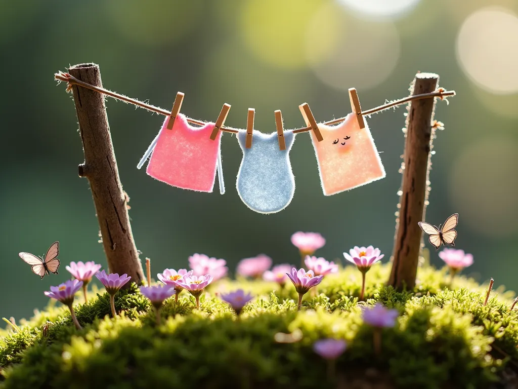 Whimsical Fairy Garden Clothesline - A magical miniature garden scene featuring a tiny clothesline strung between two rustic twigs, with delicate pastel-colored fairy clothes made from felt hanging from miniature wooden clothespins. Pink and purple micro flowers bloom around the base, with small patches of moss creating a lush green carpet. Soft afternoon sunlight filters through, casting gentle shadows on the enchanted scene. Tiny butterflies hover near the clothesline, adding movement and whimsy. The scene is captured from a low angle to emphasize its magical, miniature nature.