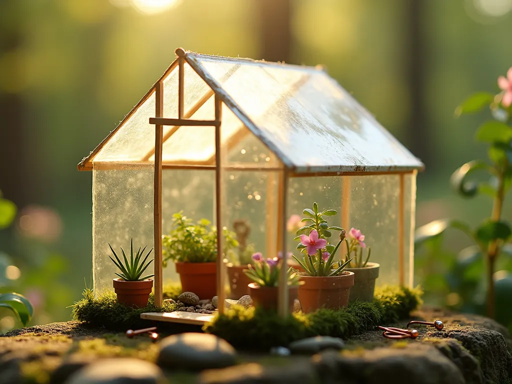 Miniature Fairy Garden Greenhouse - A whimsical, tiny greenhouse made from a clear plastic container, glowing with soft afternoon light. Inside, delicate shelves crafted from wooden popsicle sticks hold miniature potted succulents and herbs in thimble-sized clay pots. Tiny copper wire gardening tools with colorful bead handles rest against the walls. The scene is detailed with moss-covered stones and minute fairy garden accessories. The greenhouse has a magical, ethereal quality with dust motes visible in streaming sunbeams, creating a dreamy atmosphere. Photorealistic, depth of field, macro photography style.