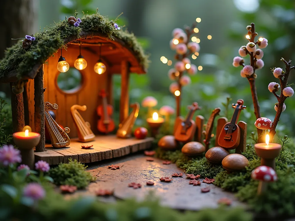 Fairy Garden Musical Corner - A whimsical fairy garden musical corner at dusk, featuring a miniature wooden stage decorated with tiny wildflowers. Delicate wire-crafted instruments including harps and violins sparkle with glass bead accents. Handmade wind chimes made from small golden bells hang from a twisted branch arch. Acorn cap seats arranged in a semicircle face the stage, some with tiny moss cushions. Soft glowing fireflies and ethereal magical sparkles illuminate the scene. The intimate performance space is bordered by small flowering plants and delicate ferns, with miniature toadstools adding pops of red and white. Atmospheric lighting creates a magical, dreamy quality.