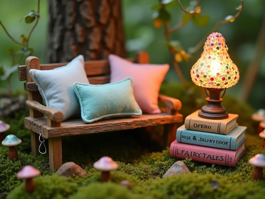 Magical Fairy Reading Nook - A whimsical fairy garden reading nook in miniature scale, featuring a rustic popsicle stick bench adorned with tiny felt cushions in soft pastel colors. Weathered wooden blocks painted to look like vintage spell books and fairy tales are stacked nearby. A delicate handcrafted lamp made from iridescent beads casts a warm, magical glow. The scene is set against a backdrop of tiny moss patches and small trailing vines, with scattered miniature mushrooms. The lighting is soft and ethereal, creating a cozy, enchanted atmosphere perfect for a fairy's reading corner.