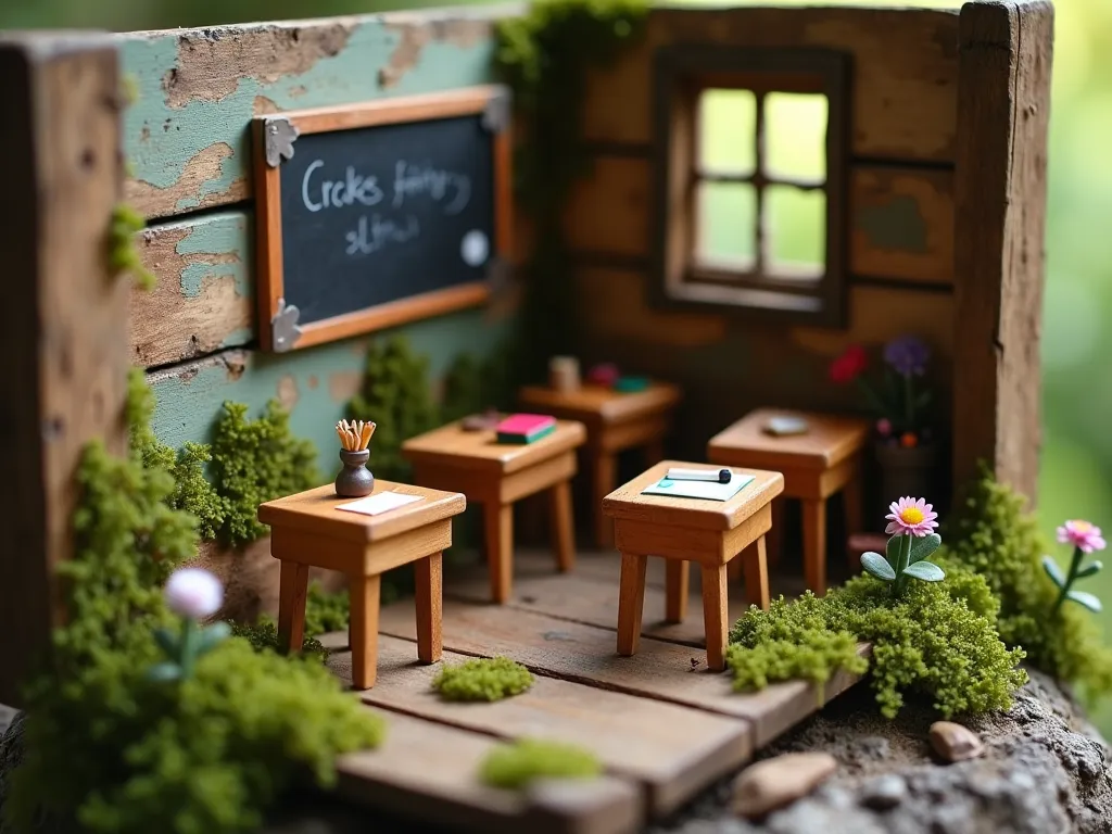 Whimsical Fairy School Garden Scene - A charming miniature fairy school scene inside a weathered wooden box, photographed from a close perspective. The scene features tiny handcrafted wooden desks made from painted bottle caps, arranged in neat rows. A small black chalkboard hangs on the back wall, decorated with tiny chalk markings. Miniature books, pencils, and school supplies are scattered about, crafted with intricate detail. Soft, magical lighting filters through tiny windows, creating a warm, enchanted atmosphere. Small patches of moss and tiny flowers frame the scene, adding natural elements. The overall composition has a cozy, storybook quality with a shallow depth of field.