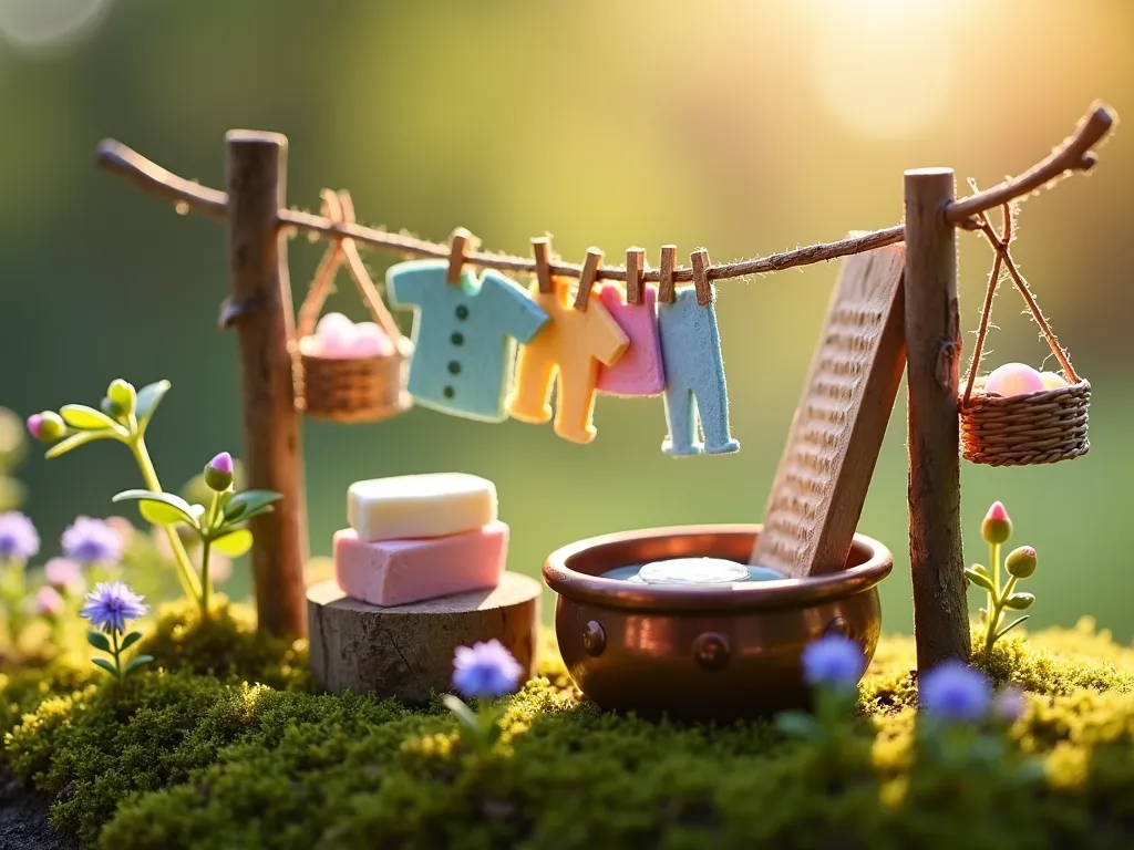 Whimsical Fairy Garden Laundry Day - A charming miniature fairy garden washing station scene in warm sunlight, featuring a tiny wooden washboard made of corrugated cardboard, delicate pastel-colored clay soap bars, and a rustic clothesline strung between two twigs. Small woven baskets filled with tiny garments hang from the line, swaying gently. The washing station includes a weathered copper basin with decorative button details. Soft moss and tiny flowers surround the scene, creating a cozy woodland atmosphere. The entire setup is photographed from a low angle with a shallow depth of field, creating a magical, intimate perspective.